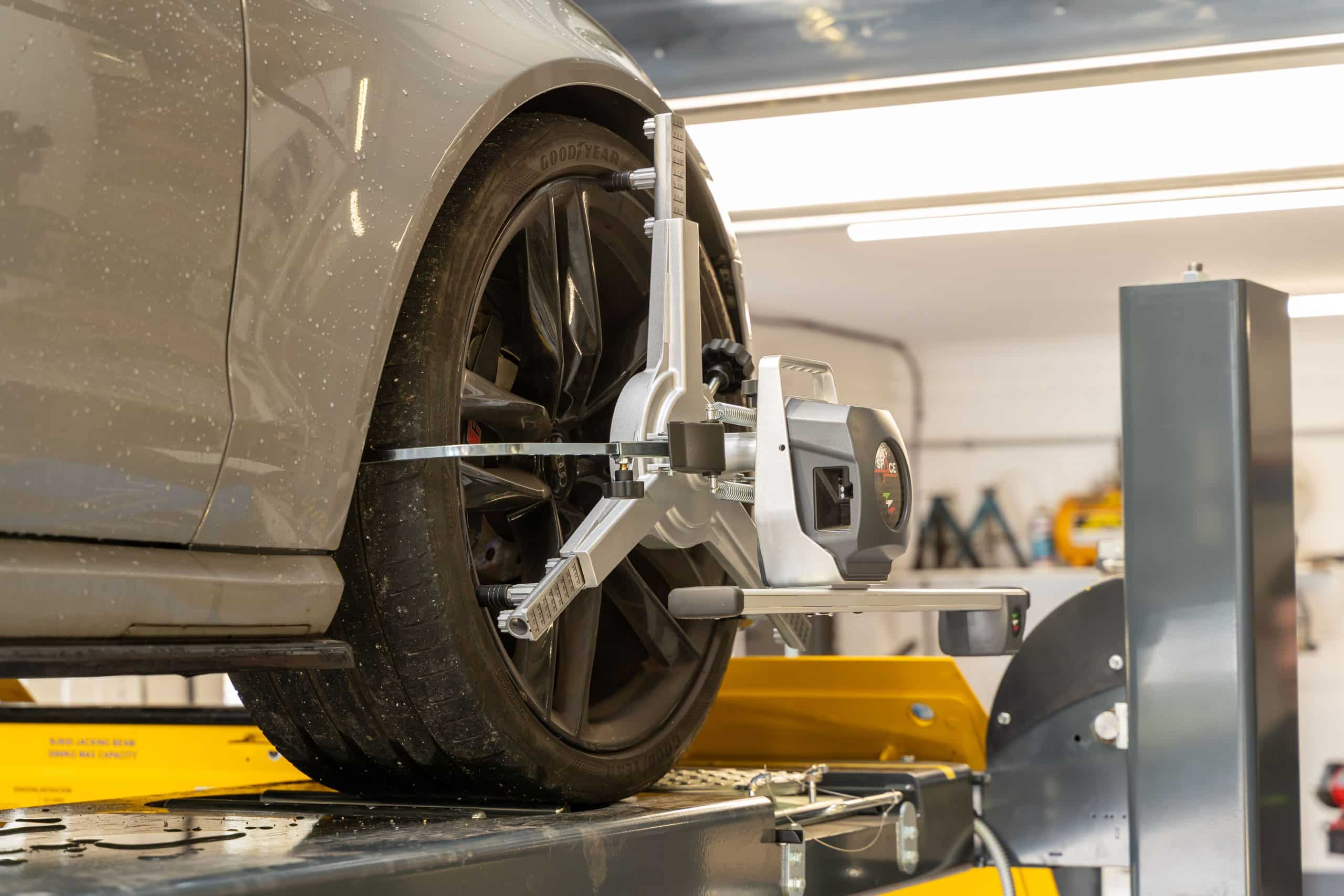 Steering and suspension alignment checks carried out during an EV MOT at Stedmans Garage in Worthing
